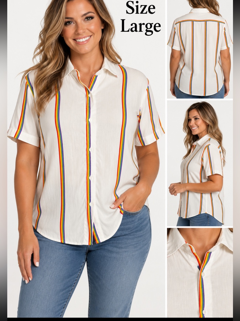 Denim & Flower Short-Sleeve Button-Down with Rainbow Stripe Detail Size Large
